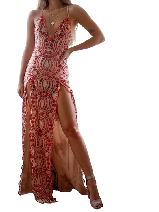 Banjul Pants - NWT Banjul Sheer Cream with Red Sequin Floral Open Wide-Leg Jumpsuit Size L